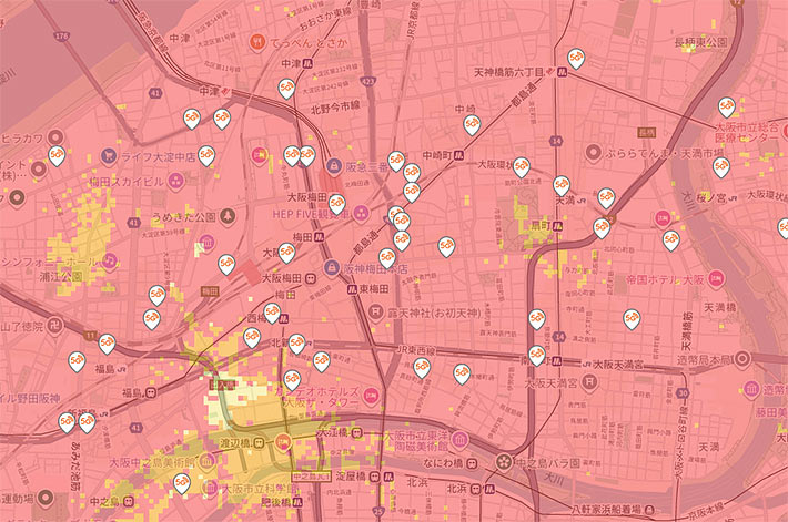 大阪・梅田駅周辺のミリ波エリアマップ（au）