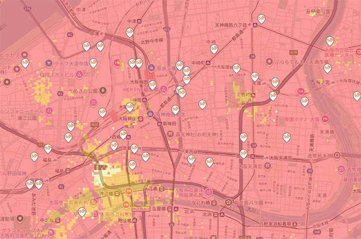 大阪・梅田駅周辺のミリ波エリアマップ(au)