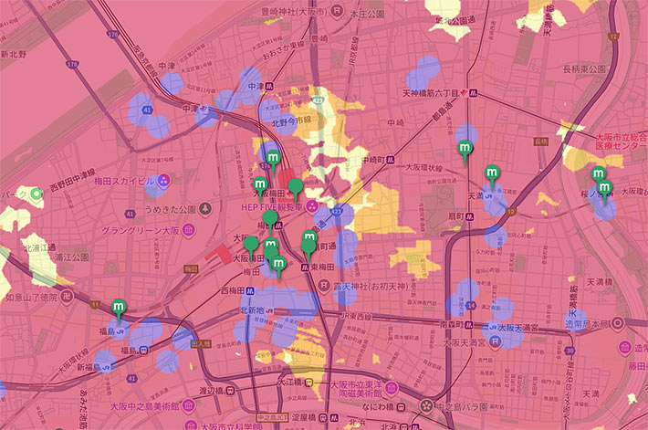 大阪・梅田駅周辺のミリ波エリアマップ（ドコモ）