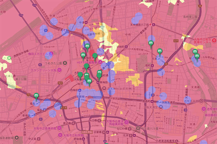 大阪駅周辺のミリ波エリアマップ(ドコモ)