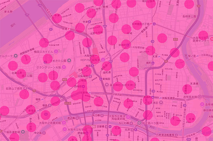 大阪・梅田駅周辺のミリ波エリアマップ（楽天モバイル）