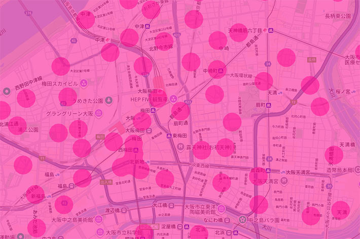 大阪・梅田駅周辺のミリ波エリアマップ(楽天モバイル)