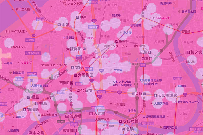 大阪・梅田駅周辺のミリ波エリアマップ（ソフトバンク）