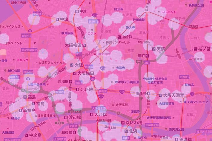 大阪・梅田駅周辺のミリ波エリアマップ(ソフトバンク)