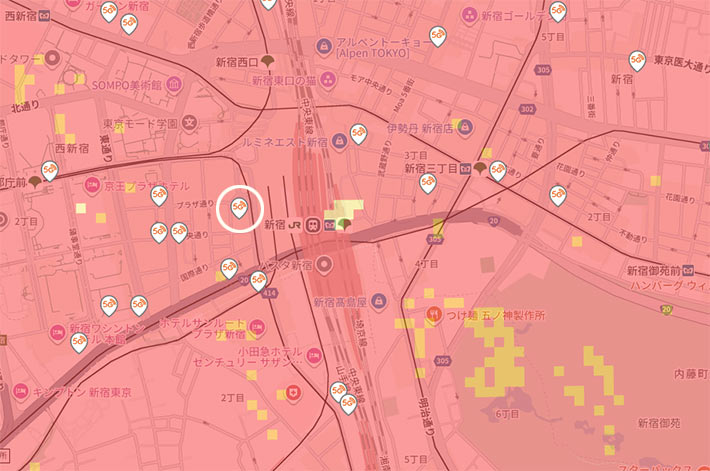 新宿駅周辺のミリ波エリアマップ（au）