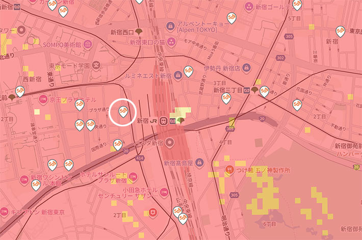 新宿駅周辺のミリ波エリアマップ(au)