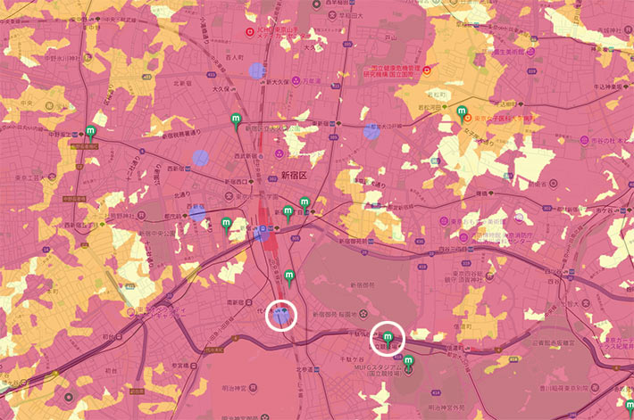 新宿駅周辺のミリ波エリアマップ（ドコモ）