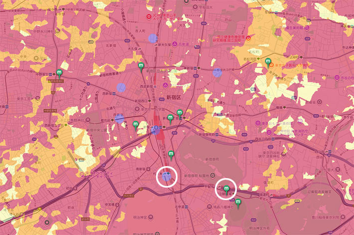 新宿駅周辺のミリ波エリアマップ(ドコモ)