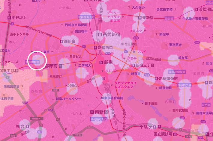 新宿駅周辺のミリ波エリアマップ（ソフトバンク）