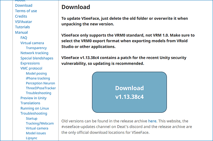 VSeeFaceダウンロードページ