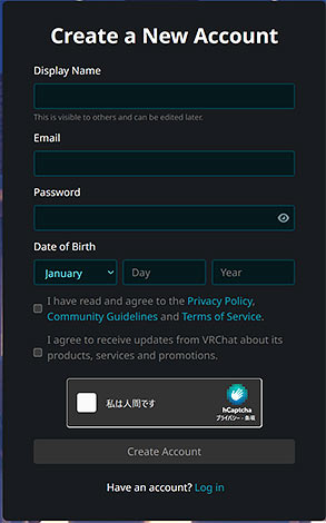 VRChatアカウント作成画面